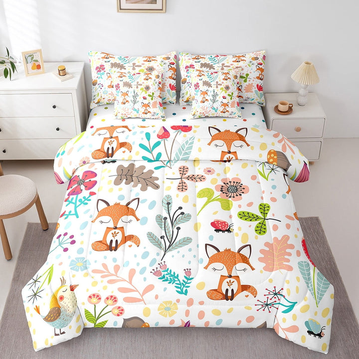 Erosebridal Cute Fox Comforter Set 7 Piece Twin Cartoon Woodland Wildlife Bed In A Bag With Sheets For Kids Boys Girls Kawaii Leaves Flowers Fox Bedding Set,Jungle Botanical Animal Sheet Set