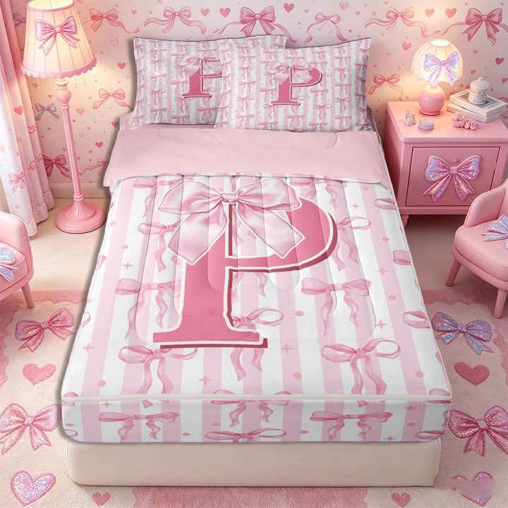 Meiyoeat Sweet Bow Letter P Zipper Twin Comforter Sets with Fitted Sheet and 2 Pillowcases for Girls Toddlers, Lovely Stripe Zipper Bedding Set, Light Pink White,4-Piece,Pink Reversible