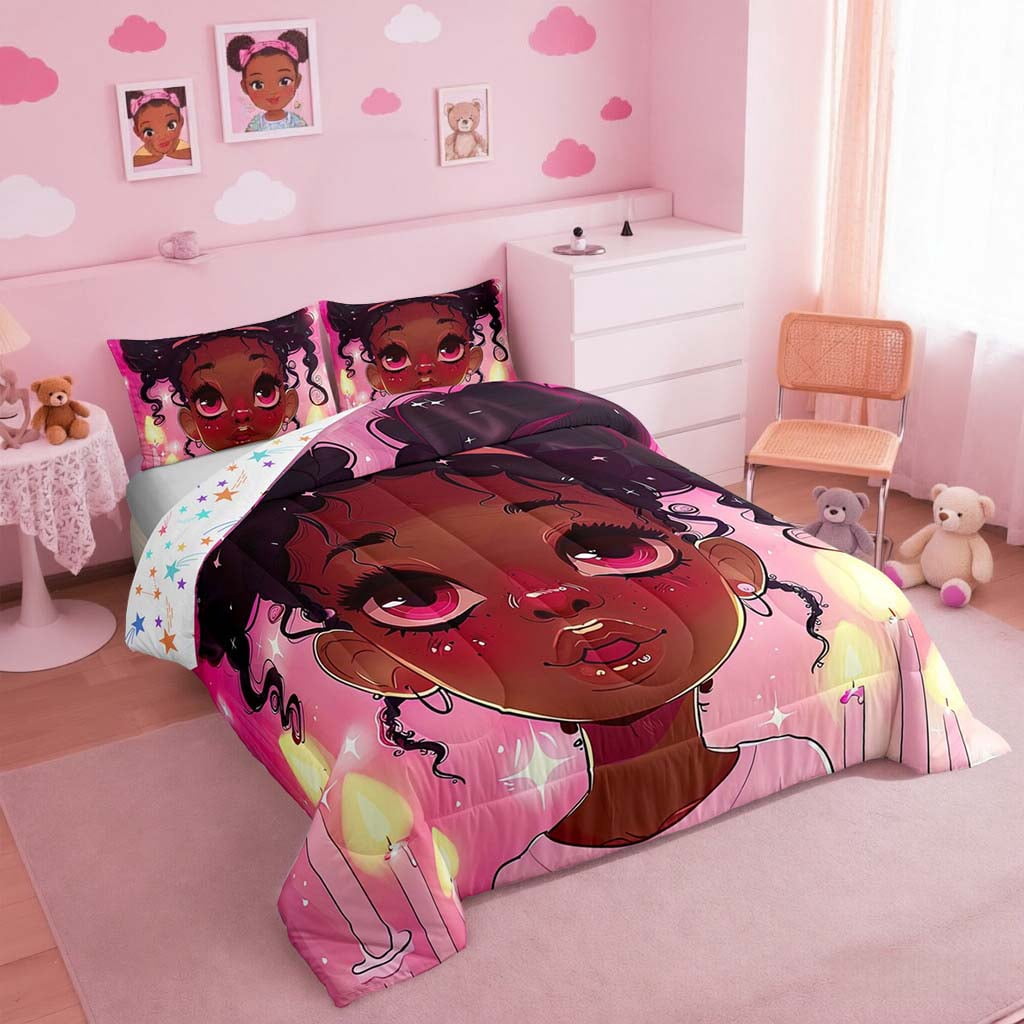 Erosebridal Black Princess Full Comforter Set Black Little Pink Bedding Sets Cute American African Comforter Set Princess Room Decor,Reversible Colorful Stars Quilt Set