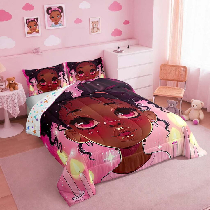 Erosebridal Black Princess Full Comforter Set Black Little Pink Bedding Sets Cute American African Comforter Set Princess Room Decor,Reversible Colorful Stars Quilt Set