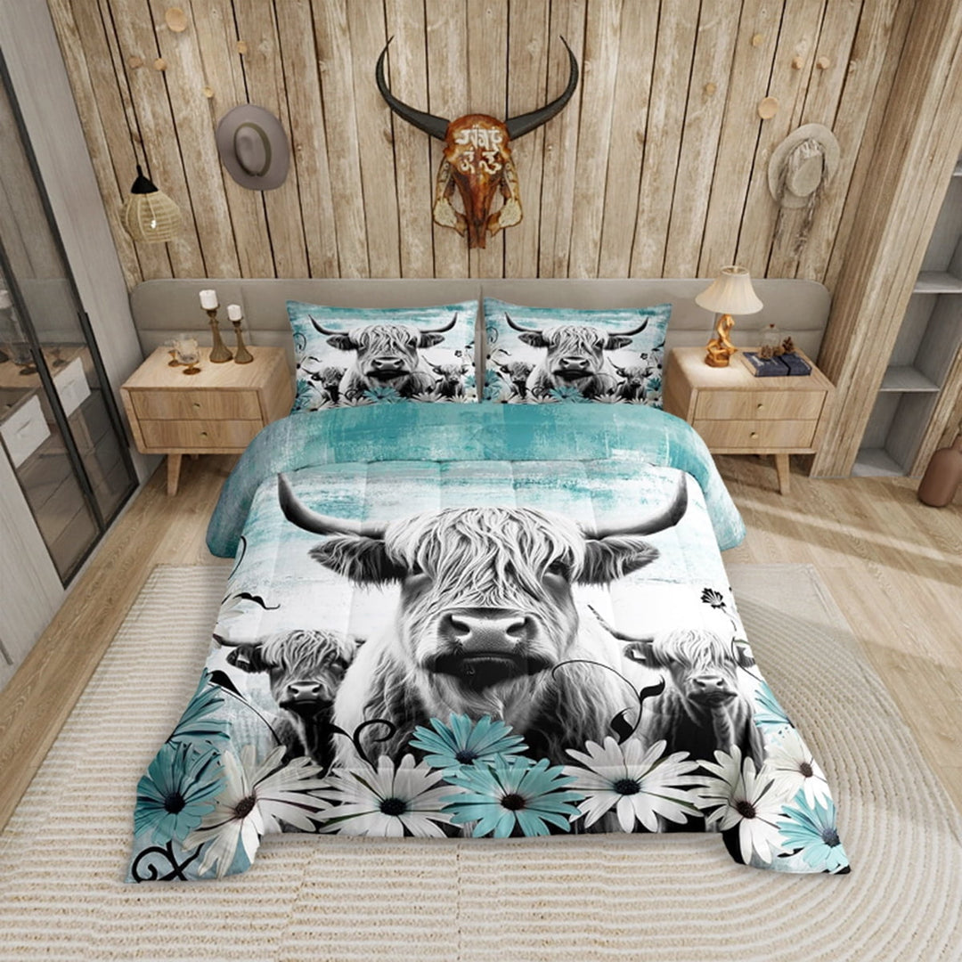 Highland Cow Print Comforter Set Full,Teal Western Farmhouse Bedding Sets Rustic Home Decor,Longhorn Cattle Farm Animal Bed Set Grunge Daisy Flower Quilt Cowboys Gifts