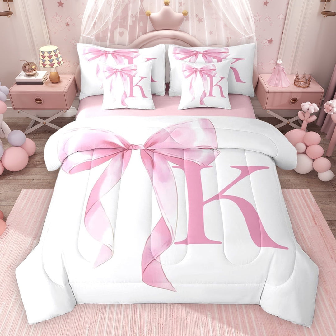 Erosebridal Girls Pink Bow Twin Bedding Sets, K Letter Bedding Comforter Set, Princess Style Bedroom Decor, Pink Reversible 7 Pieces
