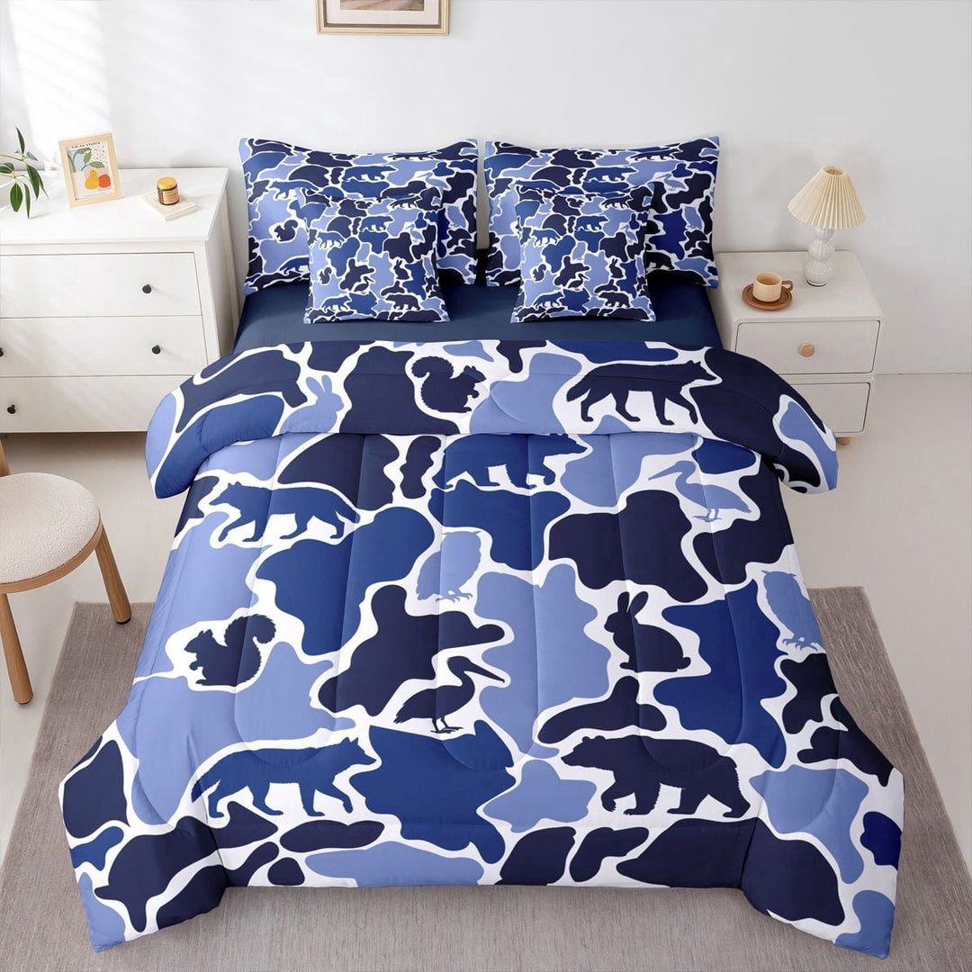 Manfei Cute Bear 7 Pieces Full Size Bedding Sets,Vintage Camouflage Full Size Bed in a Bag,Blue,Navy Blue Reversible