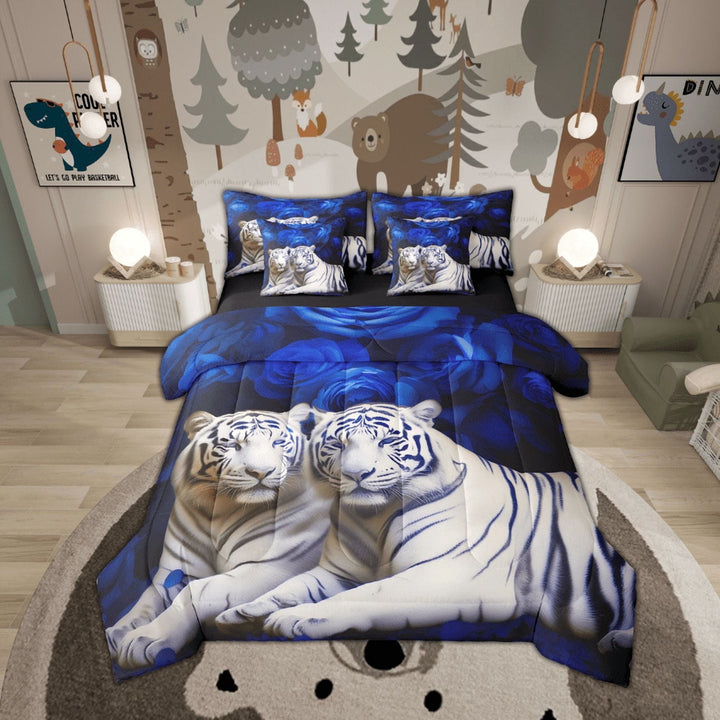 White Tiger Bed in a Bag King 7 Pieces - King Size Comforter Set,Blue Rose Bedding Sets African Animals Flowers Floral Bed Set with Comforter,Sheets,Pillowcases &amp; Shams
