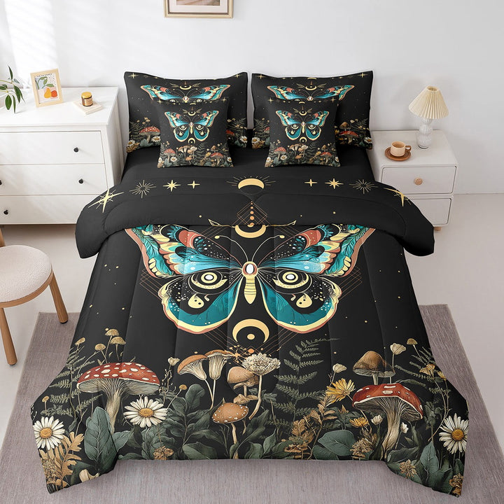 Ombre Butterfly 7 Pieces Bedding Set Mint Green Moth Mushroom King Comforter Set with Sheets Room Decor Moon Phase Mystic Starry Night Bed in a Bag Bed Set Reversible