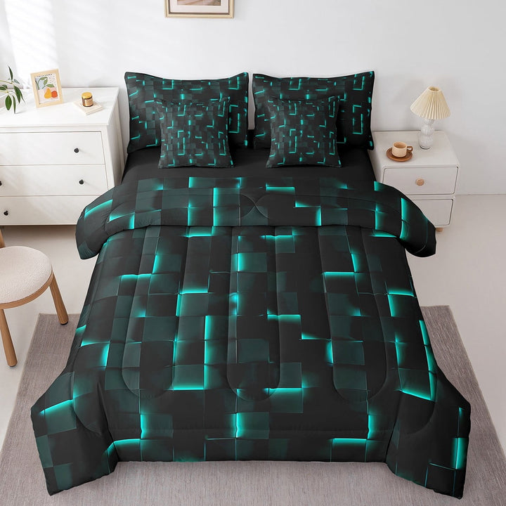 Erosebridal Geometric Plaid Bedding Sets Twin Size,Black Teal Comforter Sets with Sheets,Futuristic Cubes Bed in a Bag Twin size,Super Cozy Neon Bedroom Decoration,Reversible,7pcs