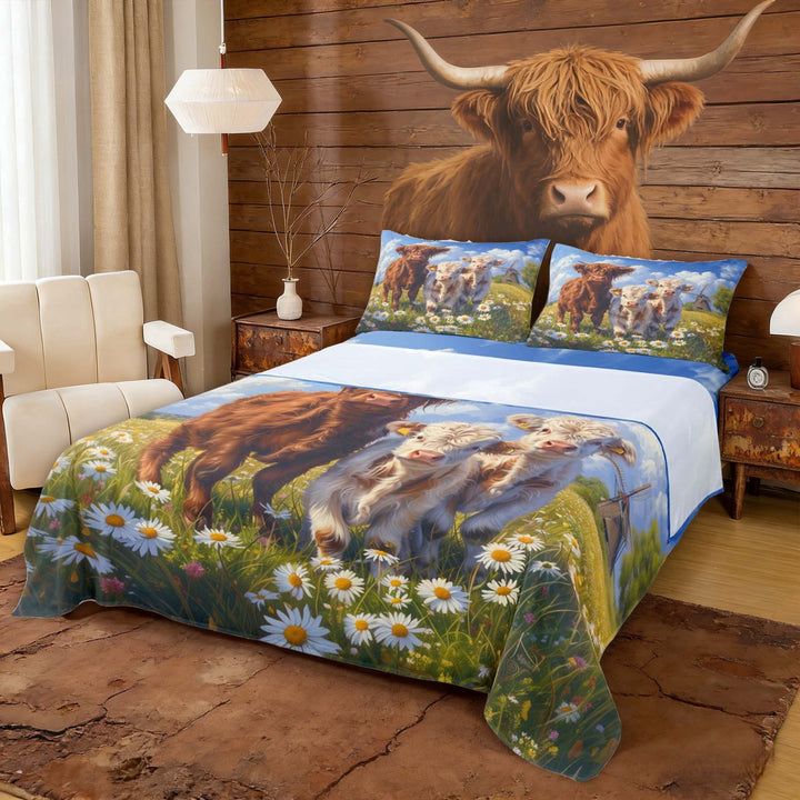 Erosebridal Cute Highland Bull Queen Sheet Sets for Kids, Rustic Windmill Daisy Bed Set, 4pcs (1 Flat Sheet, 1 Fitted Sheet and 2 Pillowcases)
