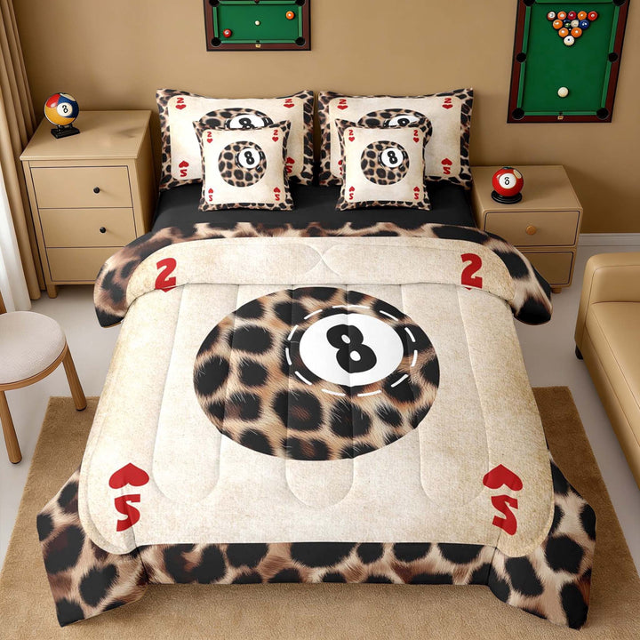 Erosebridal Leopard Print 8 Ball Playing Card Print Twin Bedding Sets, Sports Monogram Bedding Comforter Set for Kids Boys and Girls, Black Reversible 7pcs