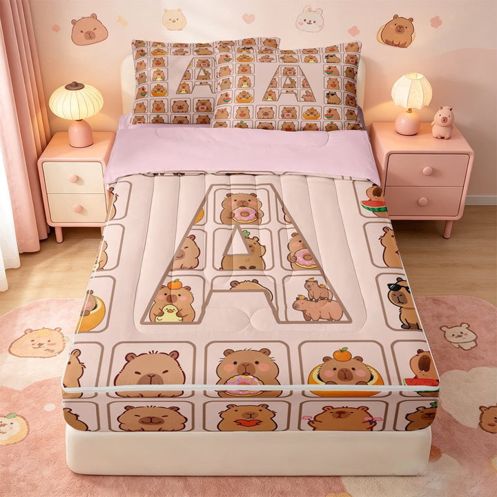 meiyoeat Capybara Monogram Zipper Full Size Comforter Sets With Fitted Sheet And 2 Pillowcases,Initial Letter Print A Zipper Bedding Set,Pink Reversible,4-Piece