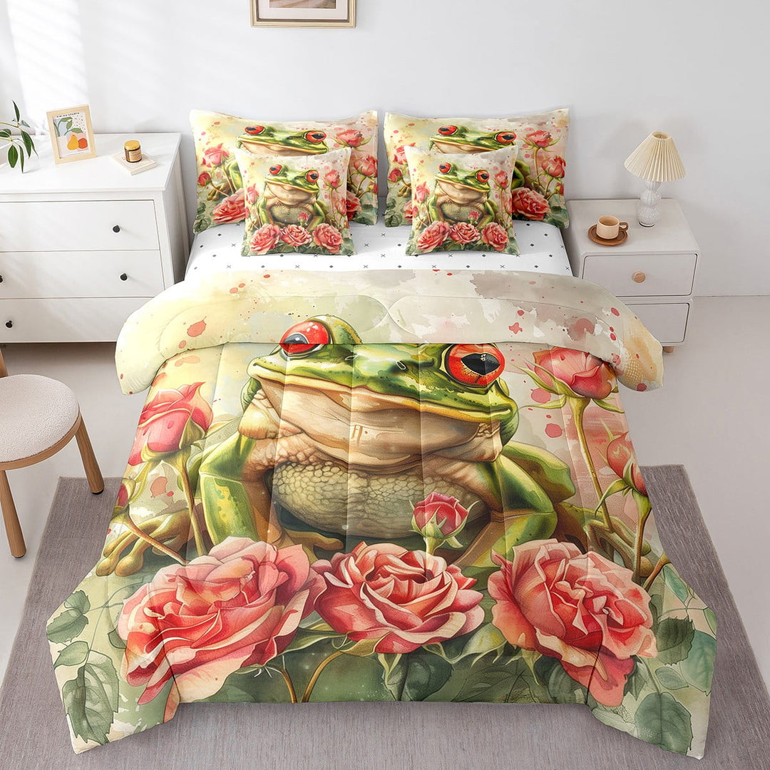 Green Frog Comforter Set 7 Piece Bed in a Bag Twin,Red Rose Bedding Sets Romantic Flowers Fitted Sheet,Cute Wild Animal Sheet Set with Comforter