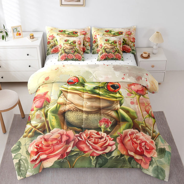 Green Frog Comforter Set 7 Piece Bed in a Bag Twin,Red Rose Bedding Sets Romantic Flowers Fitted Sheet,Cute Wild Animal Sheet Set with Comforter