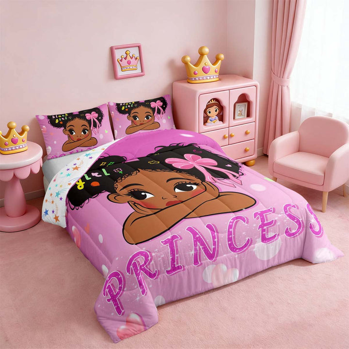 Magical Black Comforter Full Princess Full Bedding Set , Pink Love Hearts Down Comforter Afro Theme Bed Set, Cute Kawaii American Quilted Duvet 3pcs