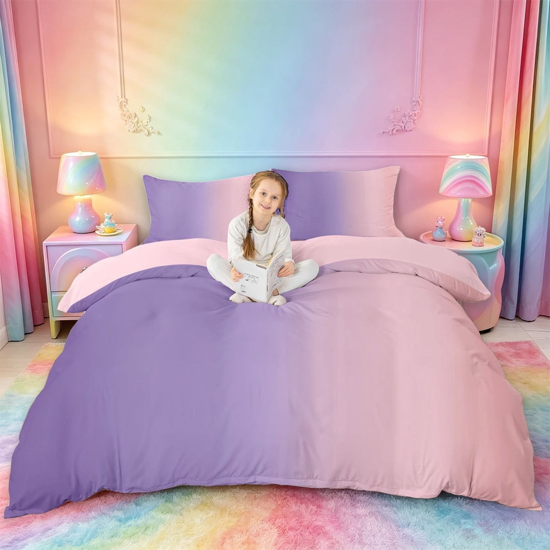 jejeloiu Purple Pink Gradient Duvet Cover Set Kids,Romantic Tone Print Bedding Full For Girls,Reversible,3 Pieces(No Comforter)