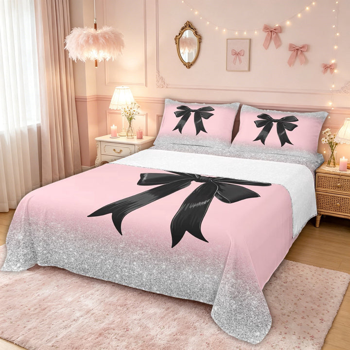 meiyoeat Fashion Bow Bed Sheets for Kids Girls, Glitter Print Full Size Sheets for Bedroom, Pink Black, 4-Piece