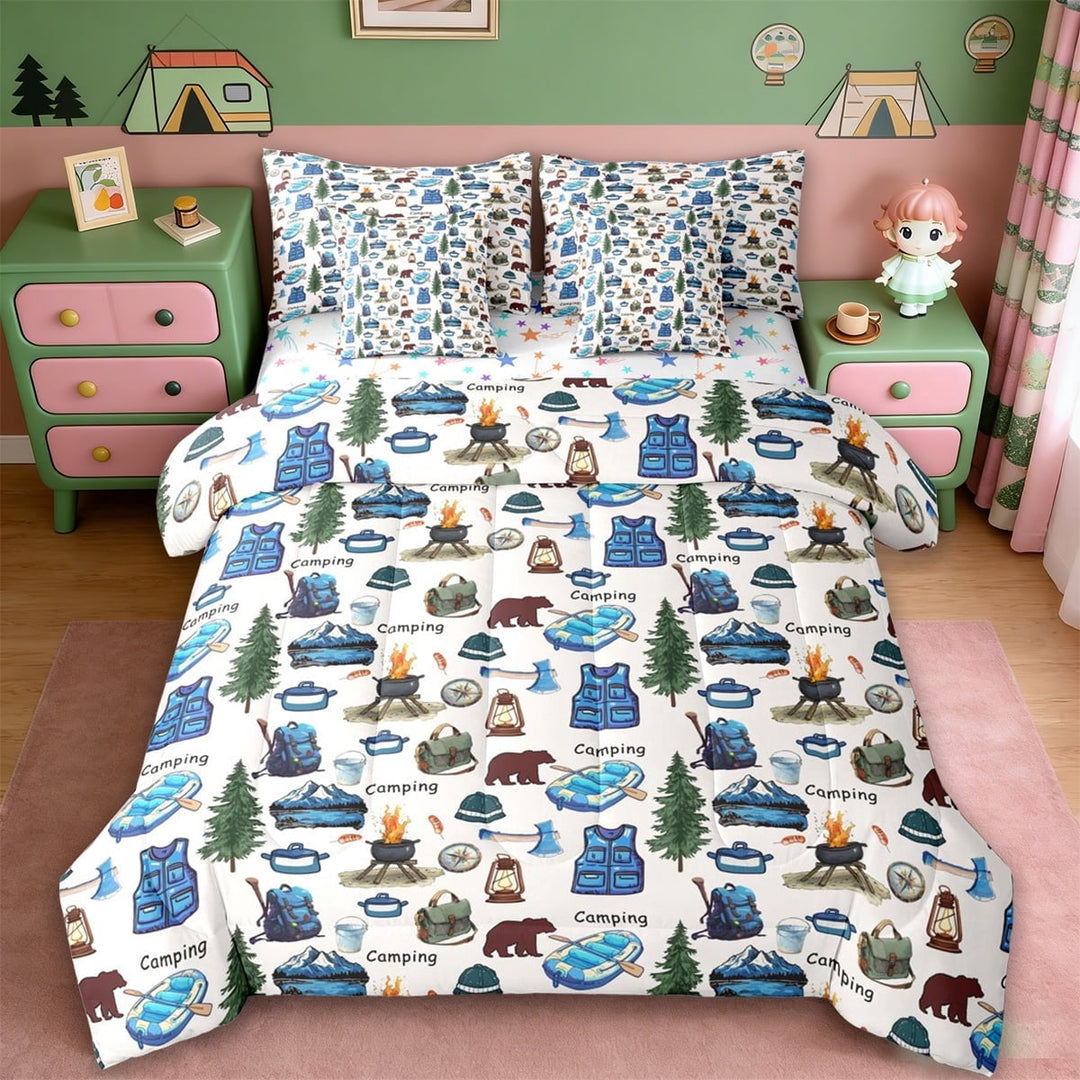Erosebridal Happy Camping 7-Piece Twin Bedding Sets,Rustic Adventure Theme Bedding Comforter Set For Boys Kids,Reversible