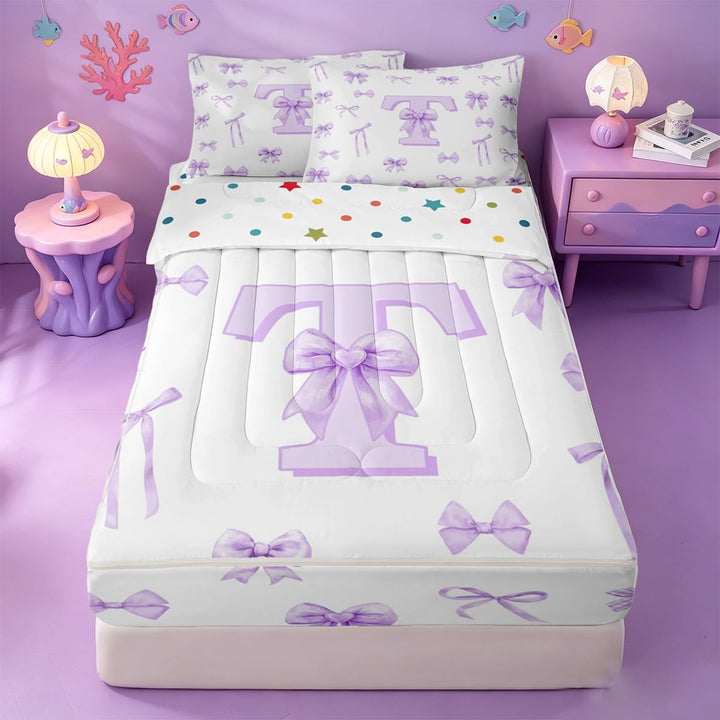 meiyoeat Girls Personalized Monogram T Zipper Twin Comforter Sets with Fitted Sheet and 2 Pillowcases,Cute Bowknot Initial Art Zipper Bedding Set For Girl,Reversible,4 Pieces