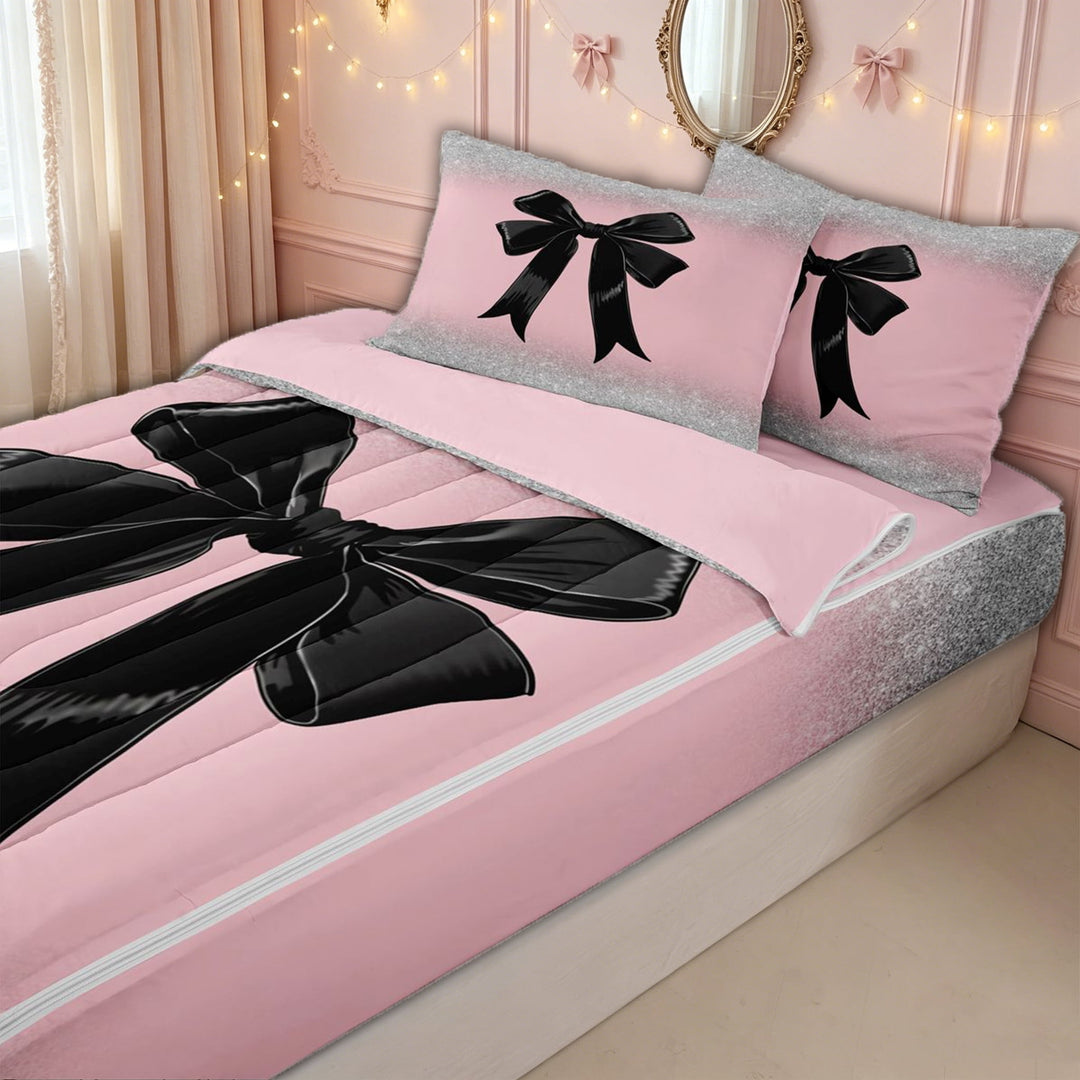 meiyoeat Glam Bow Zipper Full Size Comforter Sets with Fitted Sheet and 2 Pillowcases for Kids Girls, Glitter Print Gradient Zipper Bedding Set for Bedroom, Pink Black, Pink ReversibleG