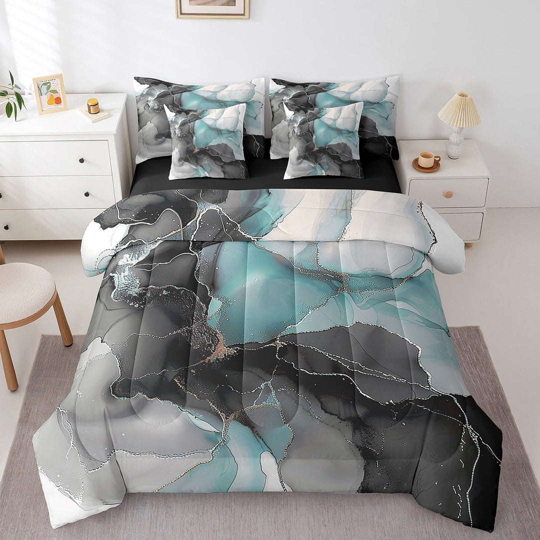 Chic Watercolor Bedding Queen Size 7pcs Black Teal Marble Comforter Set Stone Pattern Bedding Comforter Sets Golden Metallic Bed in a Bag Aesthetic Foil Print Bedding Accessories Teens Adults