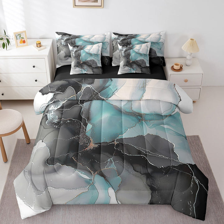 Chic Watercolor Bedding Queen Size 7pcs Black Teal Marble Comforter Set Stone Pattern Bedding Comforter Sets Golden Metallic Bed in a Bag Aesthetic Foil Print Bedding Accessories Teens Adults
