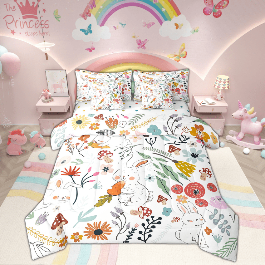 Cute Rabbit Comforter Set 7 Piece Bed in a Bag Twin,Mushroom Floral Cartoon Animal Bedding Sets Watercolor Flowers Leaves Sheet Set with Comforter