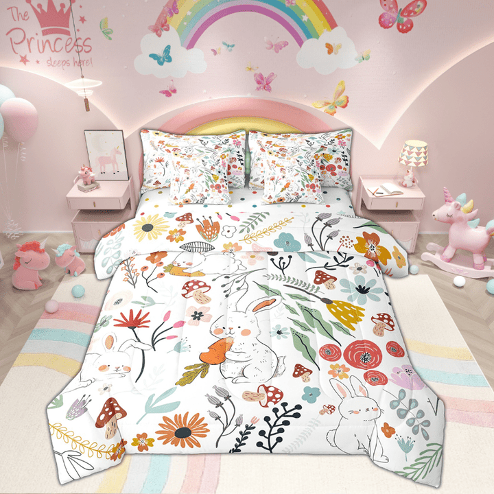 Cute Rabbit Comforter Set 7 Piece Bed in a Bag Twin,Mushroom Floral Cartoon Animal Bedding Sets Watercolor Flowers Leaves Sheet Set with Comforter