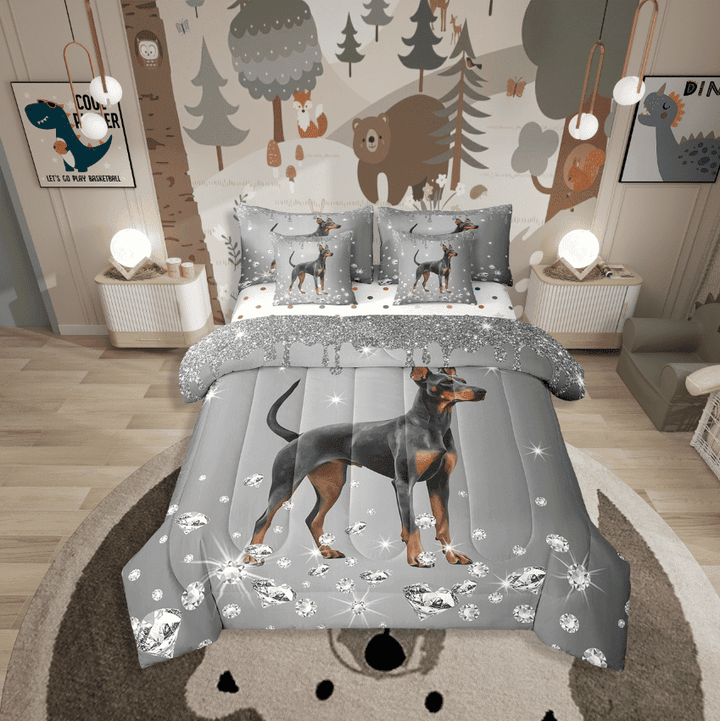 Erosebridal Animal Dog Bedding Sets Twin Size,Crystal Glitter Comforter Sets With Sheets,Sequin Print Decoration,Reversible,Breathable,7Pcs