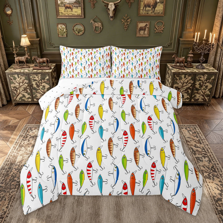 meiyoeat Fishing Pike Fish Full Size Comforter Sets for Boys Girls, Outdoor Adventure Bedding Comforter Set, White Blue, Reversible, 3pcs, 1 Comforter and 2 Pillowcases