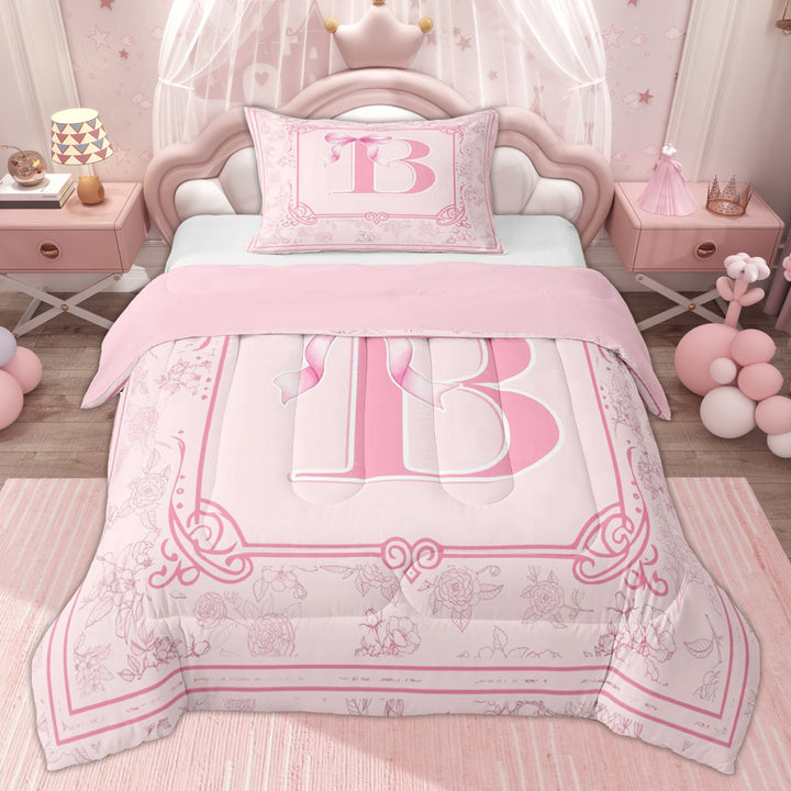 Erosebridal Pink Initial Letter B Twin Comforter Sets, Bowknot Flower Bedding Set, 2pcs