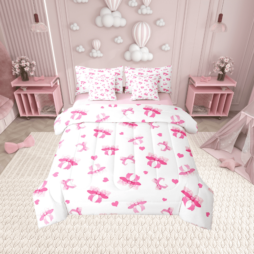 Erosebridal Cute Bow Tie Bedding Sets Twin Size,Bowknot Love Heart Comforter Sets with Sheets,Cartoon Kawaii Bed in a Bag Twin size,Super Cozy Bow Bedroom Decoration,Reversible,7-Piece