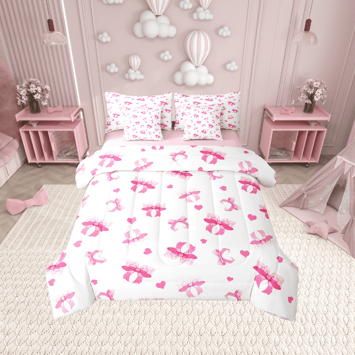 Erosebridal Cute Bow Tie Bedding Sets Twin Size,Bowknot Love Heart Comforter Sets with Sheets,Cartoon Kawaii Bed in a Bag Twin size,Super Cozy Bow Bedroom Decoration,Reversible,7-Piece