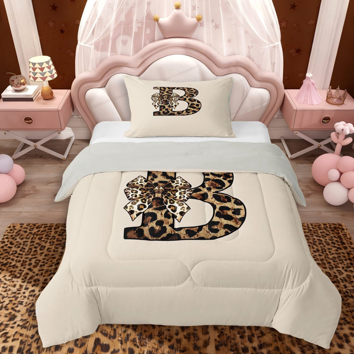Erosebridal Teens Adults B Personalized Initial Twin Comforter Sets 3-Piece,Leopard Print Bow Knot Bedding Set For Girls Boys,Grey Reversible
