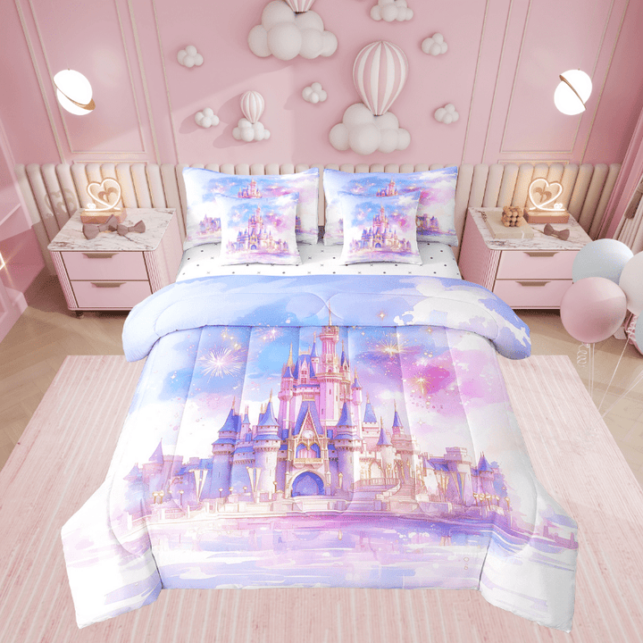 Castle Comforter Set 7-Piece Twin, Dreamy Themed Bedding Set , Princess Castle Bedding Comforter Sets Cartoon Castle Rainbow Bed Sheets Set Romantic Themed Blue Purple Bed Set