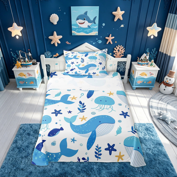 meiyoeat Cute Ocean Jellyfish Star Whale Bed Sheets for Boys Girls, Kawaii Marine Wildlife Full Size Sheets, Blue White, Polkadot Reversible, 1 Flat Sheet, 1 Fitted Sheet and 2 Pillowcases