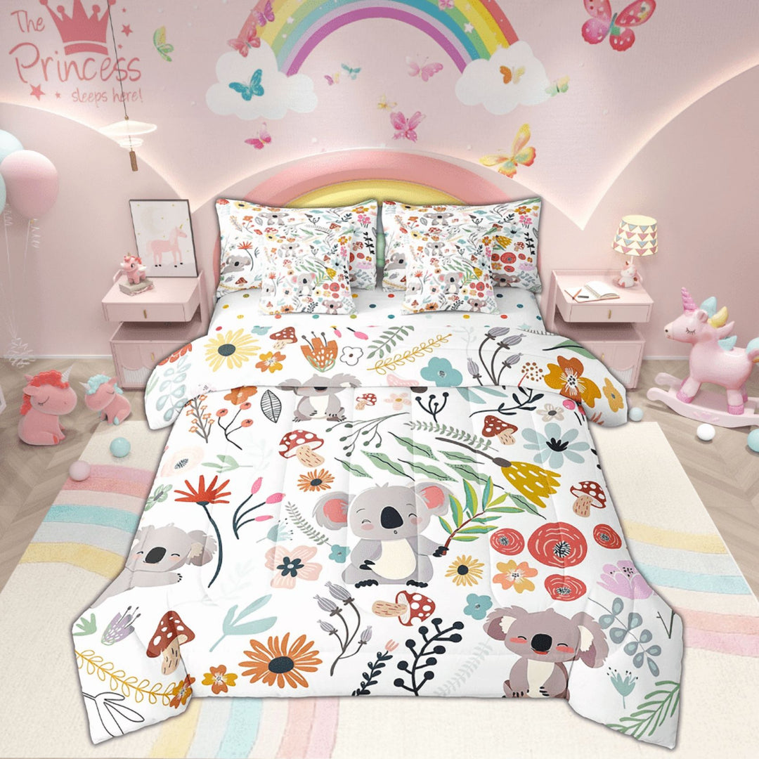 Cute Koala Comforter Set 7 Piece Bed in a Bag Twin,Mushroom Floral Cartoon Animal Bedding Sets Watercolor Flowers Leaves Sheet Set with Comforter