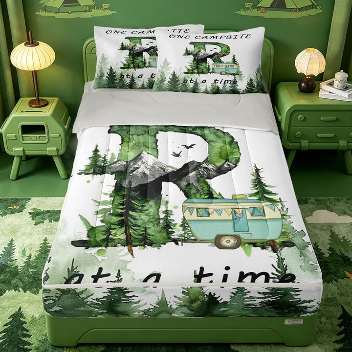 meiyoeat Country Camping Theme Initial R Zipper Full Size Comforter Sets with Fitted Sheet and 2 Pillowcases For Boys,Rustic Camper Adventure Zipper Bedding Set,Light Gray Reversible,4-Piece