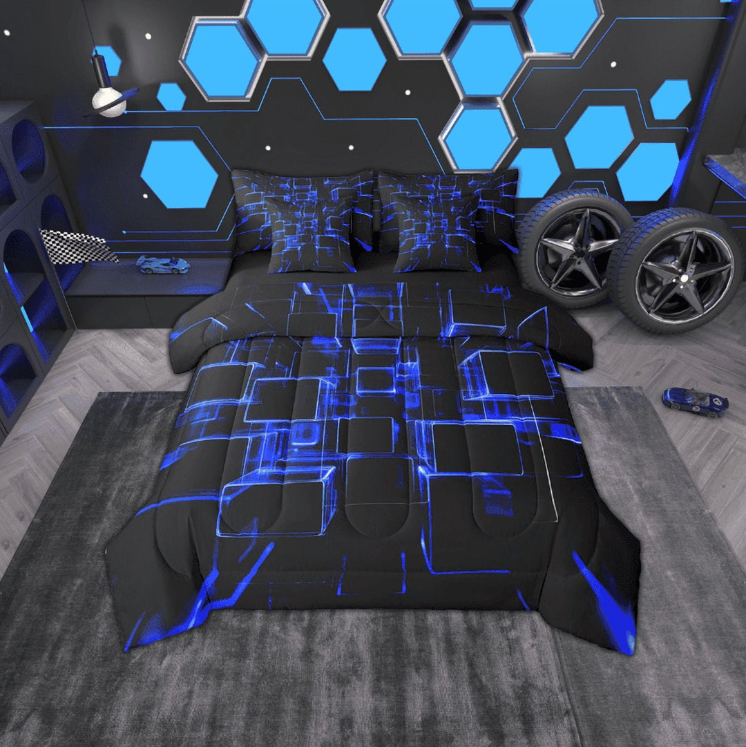 Erosebridal Futuristic Cubes Bedding Sets Twin Size,Neon Blue Comforter Sets with Sheets,Microfiber Reversible Bed in a Bag Twin size,Geometric Room Decorative,7pcs