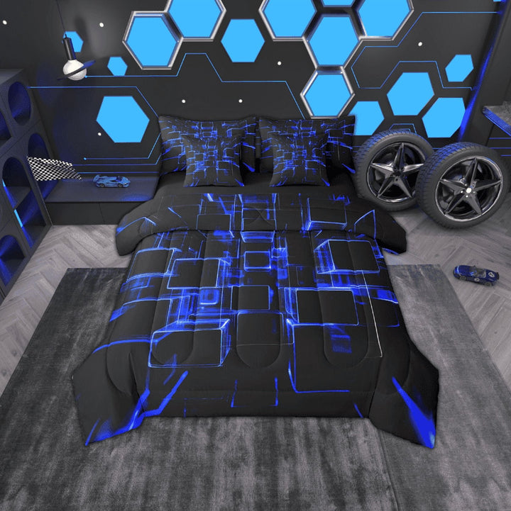 Erosebridal Futuristic Cubes Bedding Sets Twin Size,Neon Blue Comforter Sets with Sheets,Microfiber Reversible Bed in a Bag Twin size,Geometric Room Decorative,7pcs