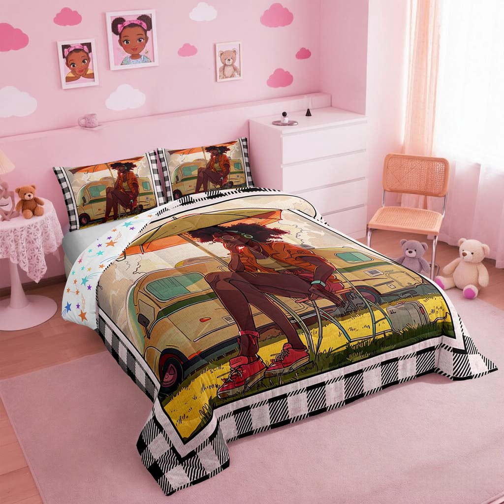 Erosebridal Happy Camping Comforter Set Full Black Women Camping Car Bedding Set Black And Pink Buffalo Plaid Bed Comforter Sets Camping Decor For Camper Rv Bunk Quilt 3 Pcs