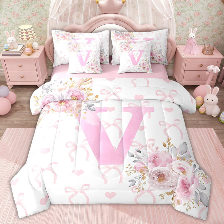 Erosebridal Initial Letter V Bedding Sets Twin Size for Kids, Romantic Rose Bedding Accessories, Girly Fairy Decor, Pink Reversible 7-Piece