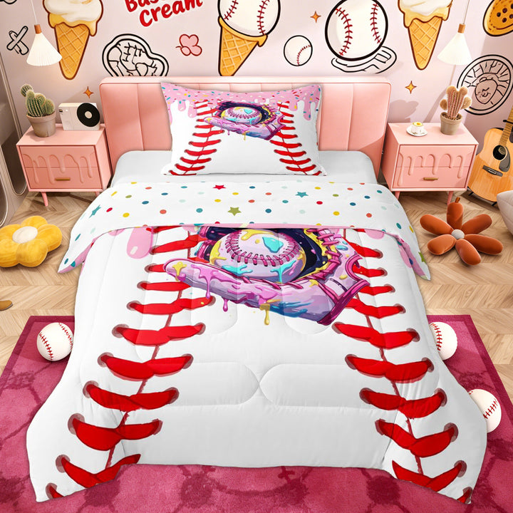 Erosebridal Pink Baseball Gloves Twin Comforter Sets for Kid, Ice Cream Drip Bedding Set, 2 Pieces