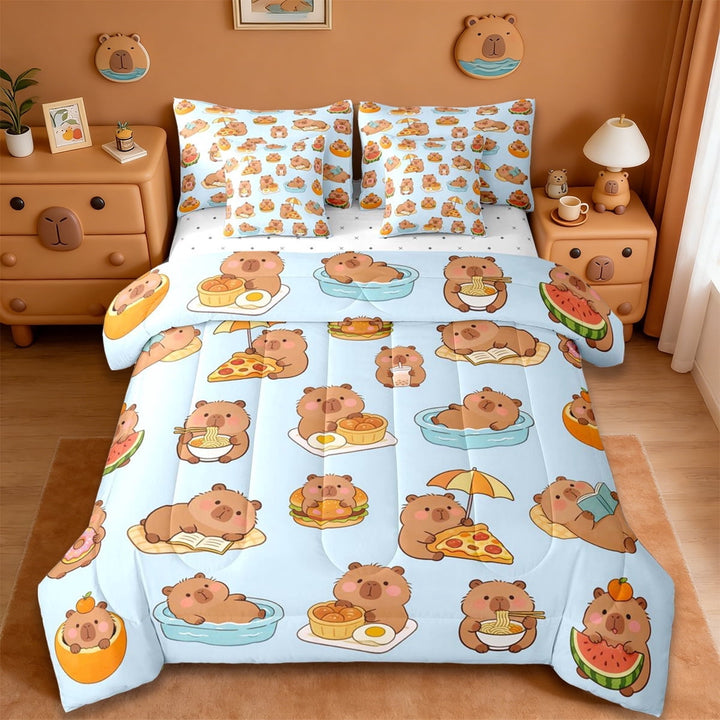 Erosebridal Cartoon Capybara 7-Piece Twin Bedding Sets,Cute Animal Print Bedding Comforter Set For Kids Reversible
