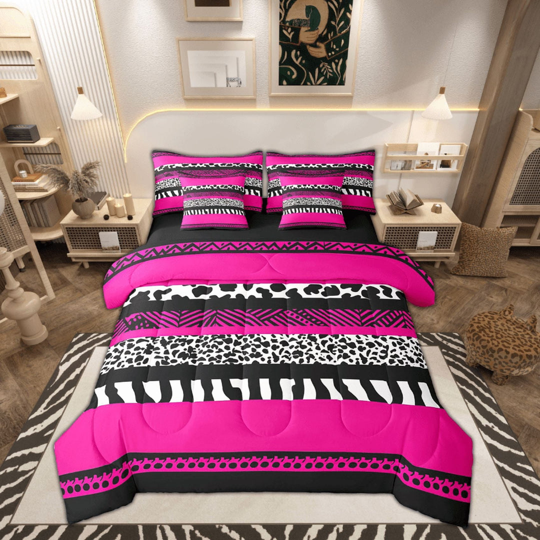 Cheetah Print Full Comforter Set 7 Pieces Bed in a Bag Wild Animal Skin Leopard Bedding Sets,Geometry Aztec Fuchsia Sriped Patchwork Comforter with Fitted Sheets,Flat Sheets,Pillowcases &amp; Shams