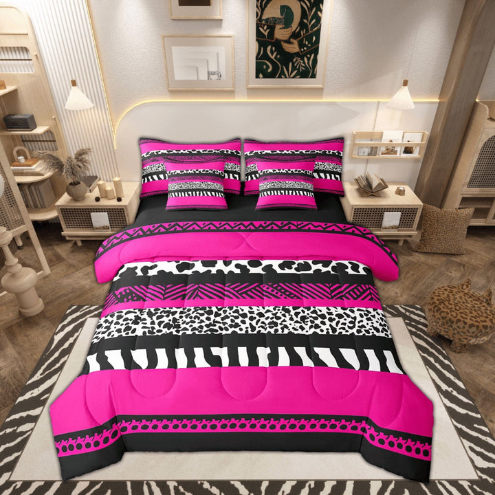 Cheetah Print Full Comforter Set 7 Pieces Bed in a Bag Wild Animal Skin Leopard Bedding Sets,Geometry Aztec Fuchsia Sriped Patchwork Comforter with Fitted Sheets,Flat Sheets,Pillowcases &amp; Shams