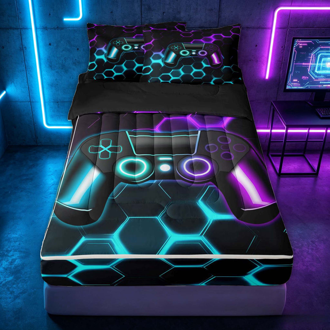 meiyoeat Gradient Gamepad Zipper Full Size Comforter Sets with Fitted Sheet and 2 Pillowcases for Boys Gamers, Neon Honeycomb Cyan Purple Gaming Zipper Bedding Set, Black Reversible