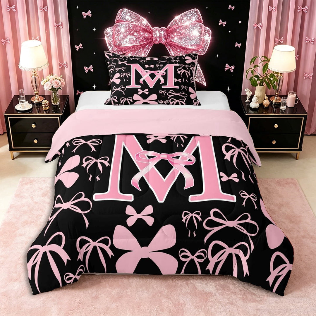 Erosebridal Pink Personalized Initial M Twin Comforter Sets 3-Piece,Cartoon Dreamy Bow Knot Bedding Set,Pink Reversible,Ultra Soft Home Decor