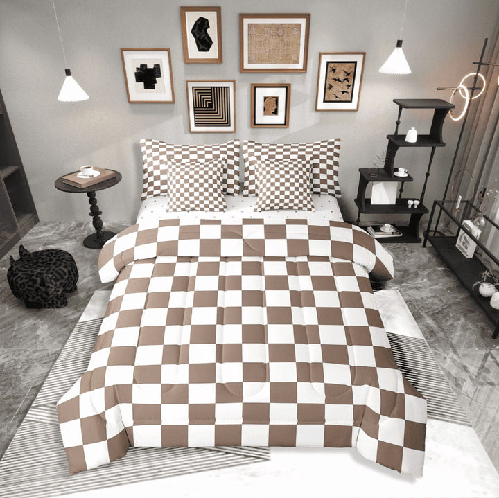 Erosebridal Geometric Buffalo Bedding Sets Twin Size,Checkered Grid Comforter Sets with Sheets,Plaid Room Decorative,Breathable,7-Piece