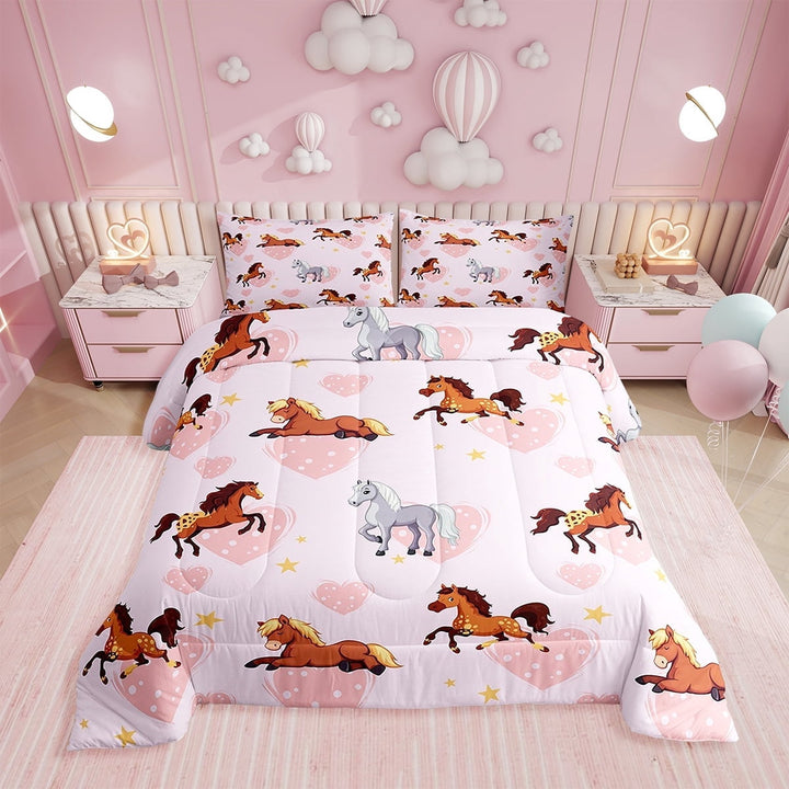 Erosebridal Cute Galloping Horse Comforter Set,Farmhouse Horse Bedding Set Twin,Love Heart Reversible Duvet Insert,Pink Pastel Quilt with 1 Pillowcase for Bedroom