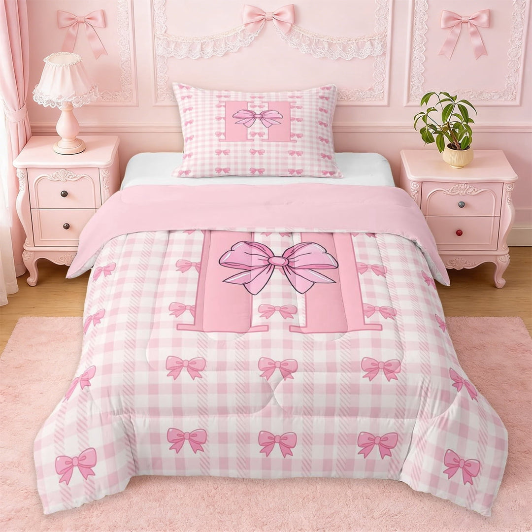 Erosebridal Dreamy Princess Bow Twin Comforter Sets For Kids,Girls Ribbon Bow Initial Letter H Alphabet Bedding Set,Pink Reversible,2-Piece
