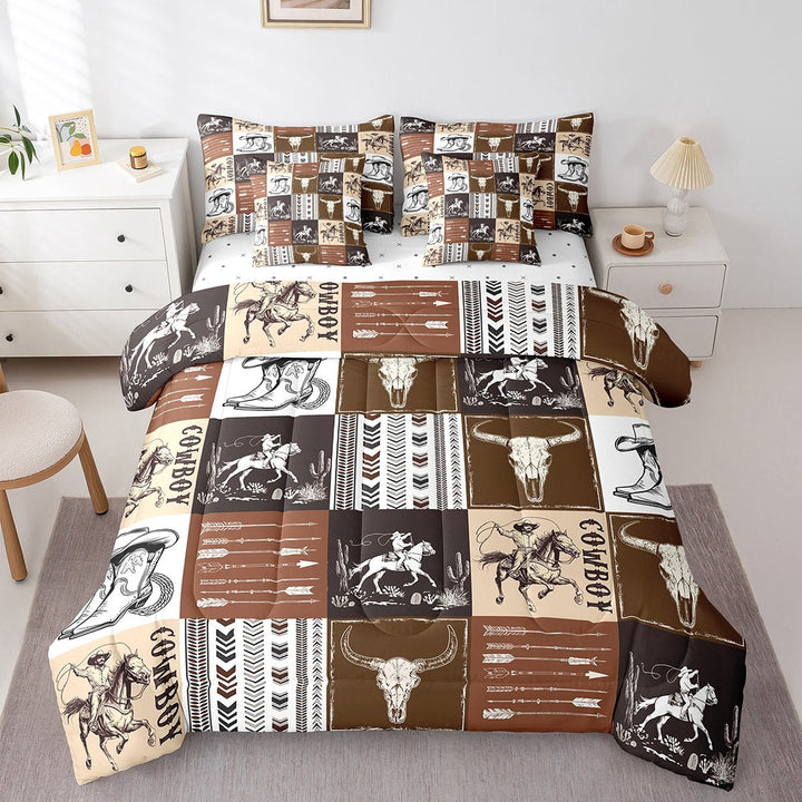 Erosebridal Western Cowboy Comforter Set 7 Pieces, Bull Skull Horse Arrow Print Bed Set, Brown Lattice Patchwork Bedding Full with 1 Comforter,1 Flat Sheet,2 Pillowcases