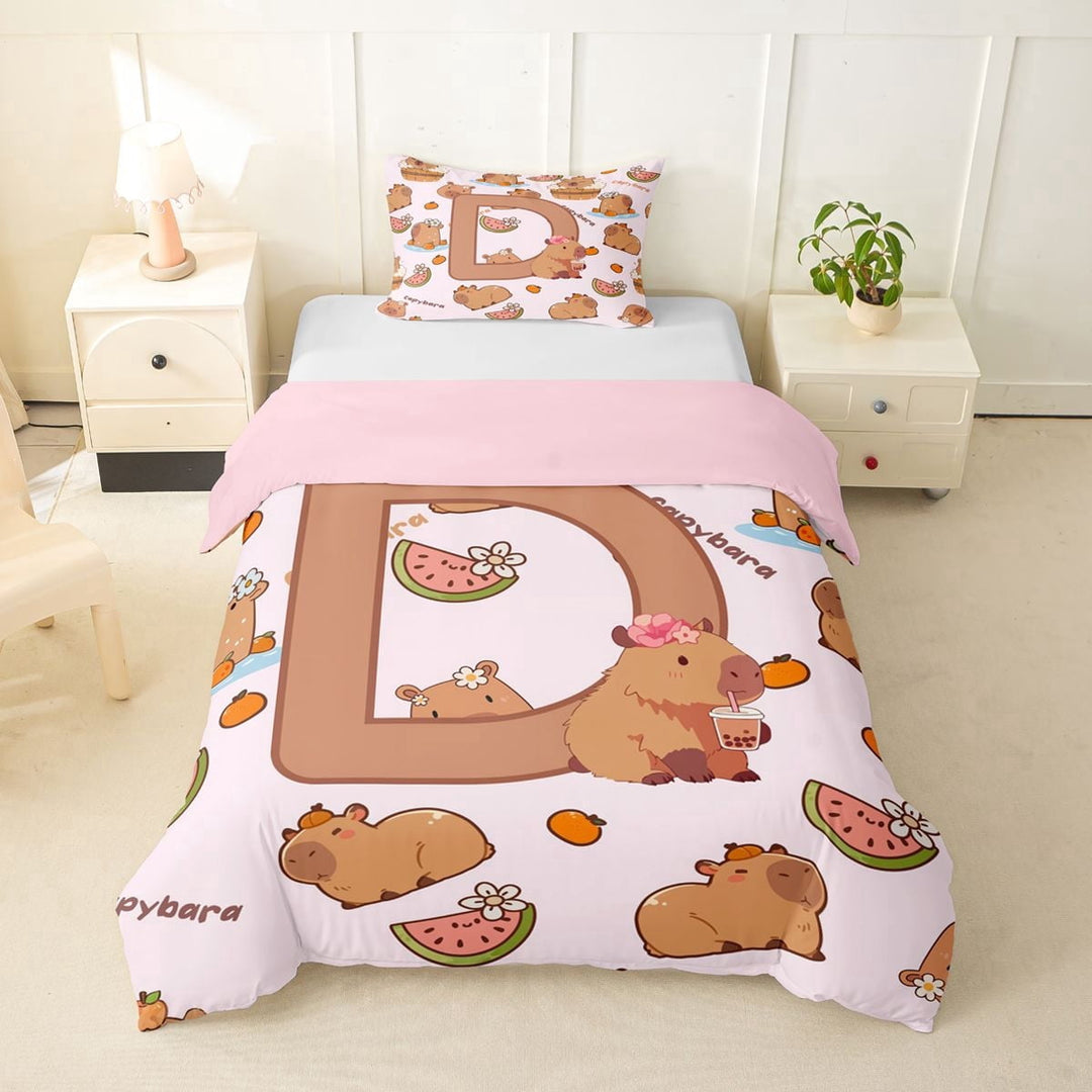Erosebridal Cartoon Capybara D Letter Monogrammed Twin Bedding For Kids Boys Girls,Cute Animal Funny Food Duvet Cover Set,2pcs,No Comforter,Pink Reversible